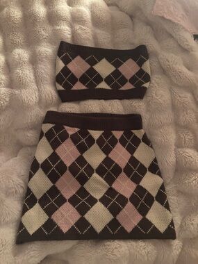 Argyle Knit Two-Piece Set in Brown, Pink & Cream